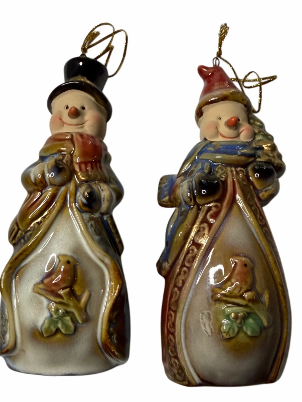 Vintage Snowman Bell Ornaments Cardinals Holly Christmas Tree Decor Set of 2